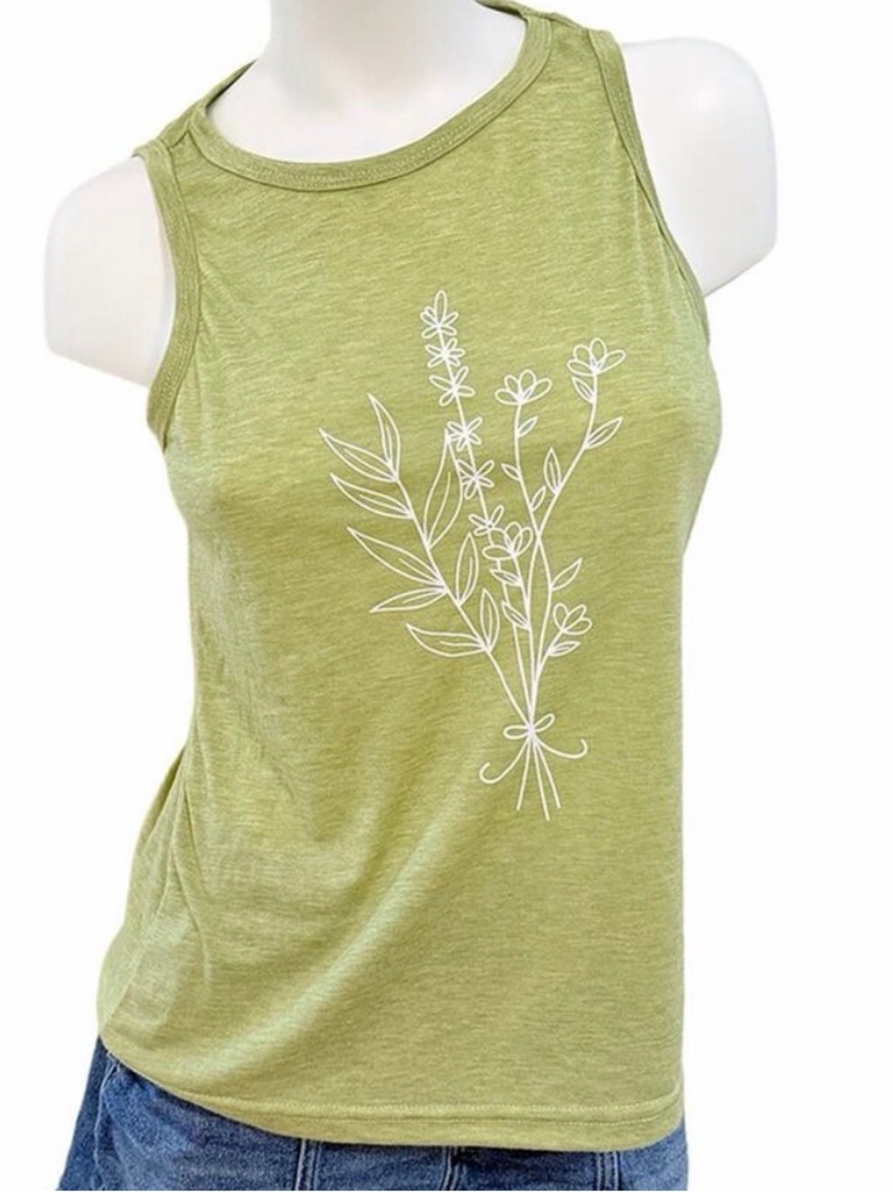 floral minimalist line tank top green boho-indie cottage simple women medium
